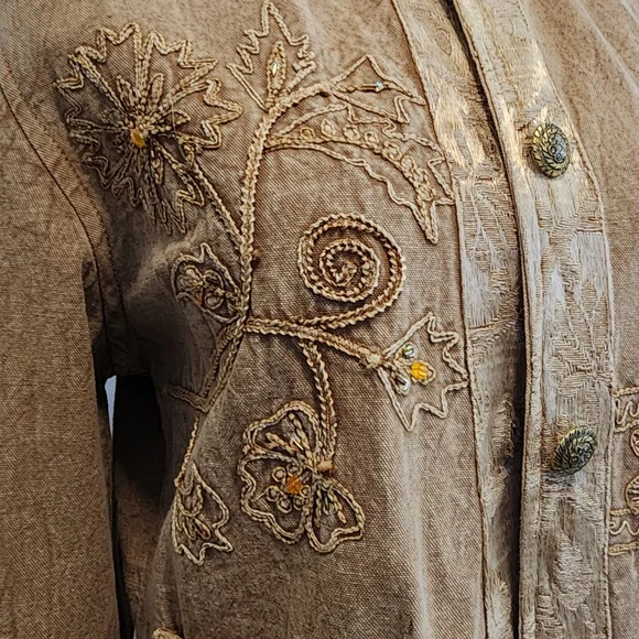 FLASHBACK Jacket Brown/Gold Embroidery Rhinestones Buttons Pockets Size Large